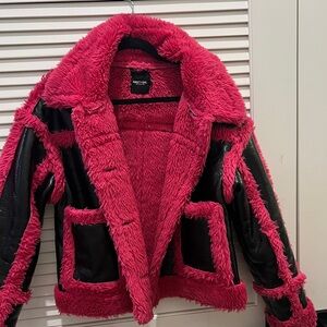 Nasty Gal Hot Pink and Black Faux Fur Coat